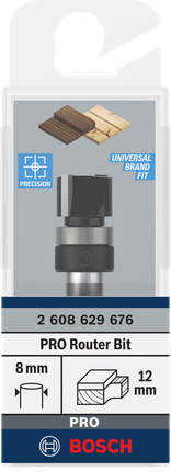 Broca de roteador Bosch PRO, haste de 8 mm, acabamento nivelado de 12,7×9,5 mm.